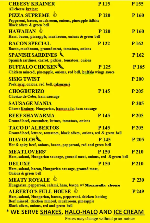 Alberto’s Pizza Philippines Menu