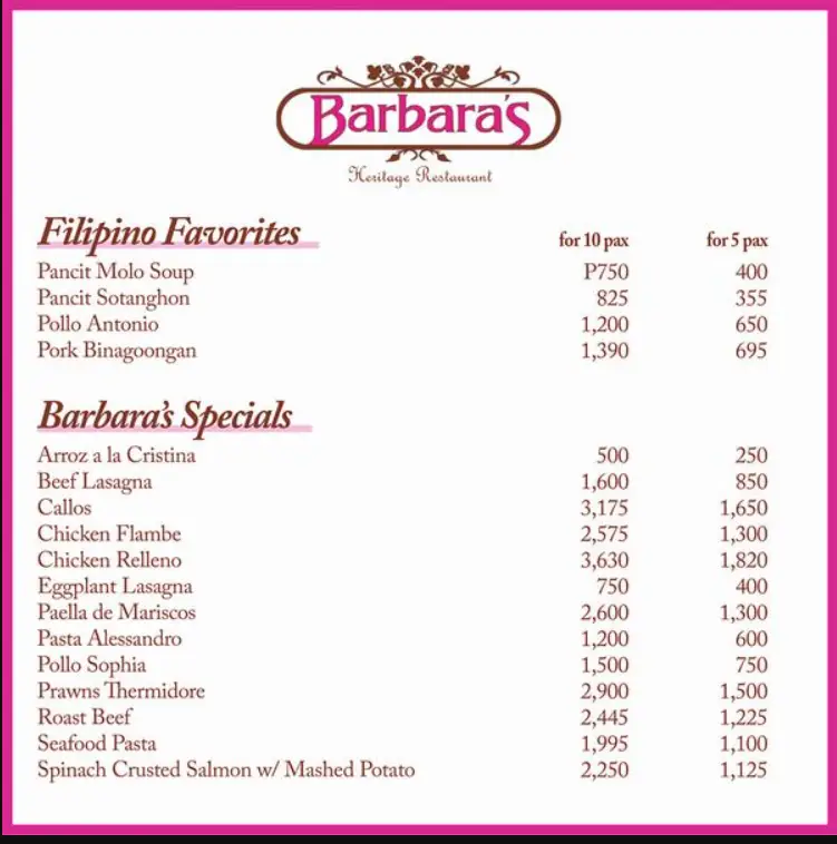 Barbara’s Philippines Menu