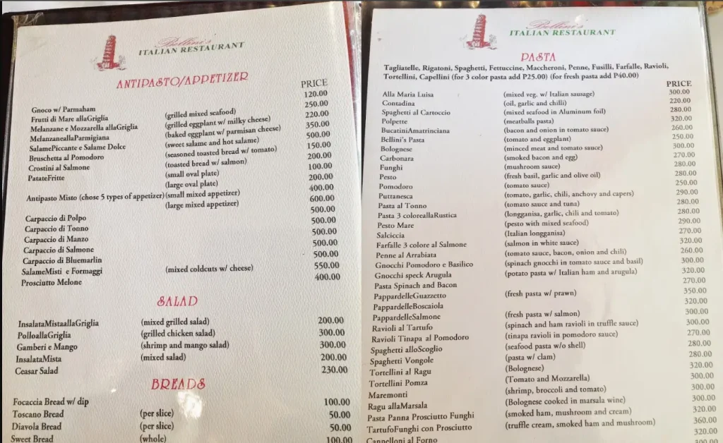 Bellini’s Philippines Menu