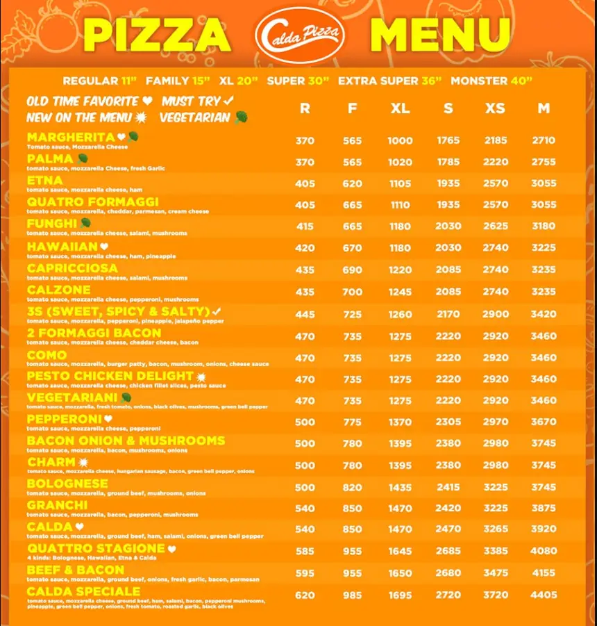 Calda Pizza Philippines Menu