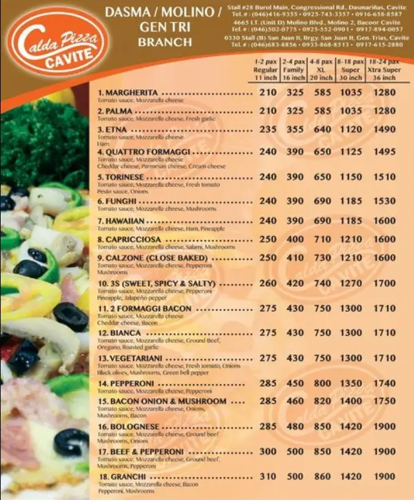 Calda Pizza Menu