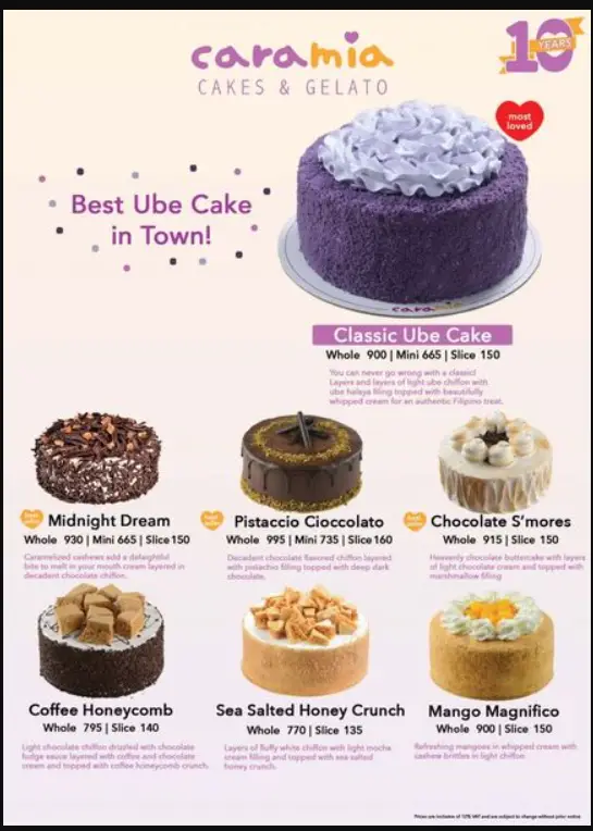 Caramia Cakes Philippines Menu