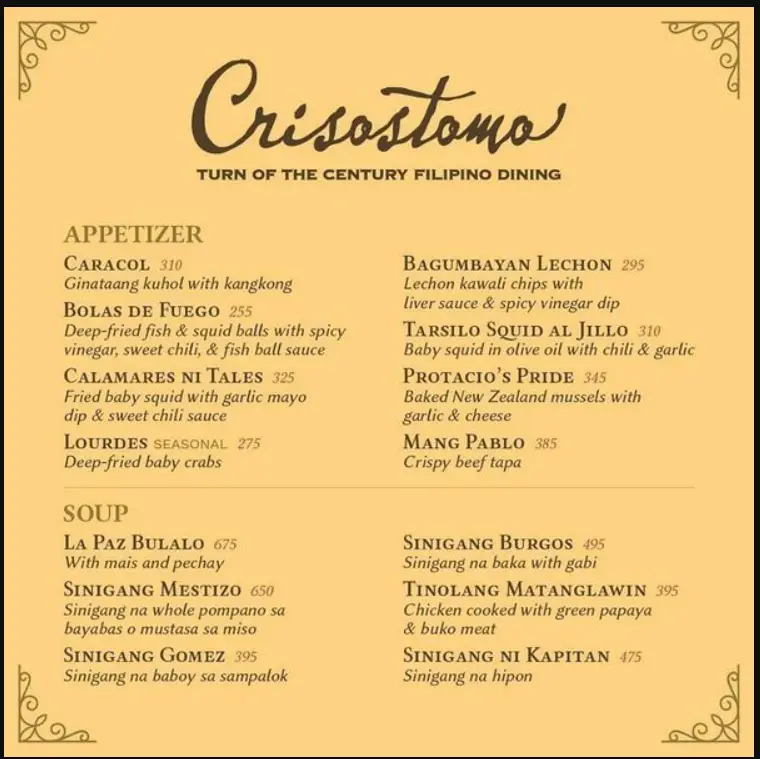 Crisostomo Philippines Menu