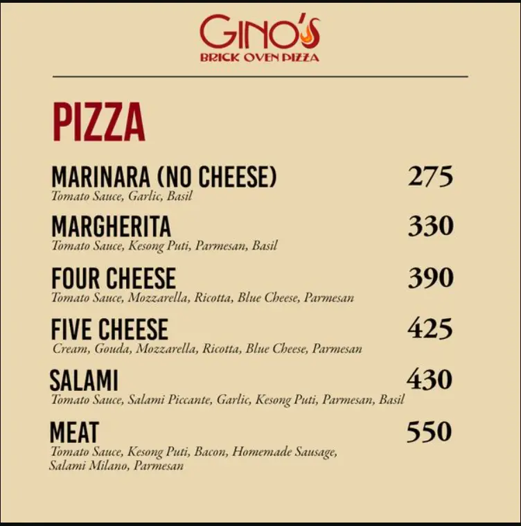 Gino’s Philippines Menu