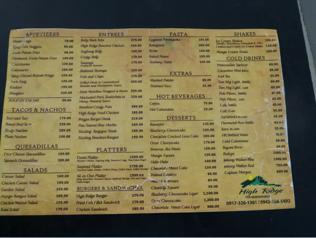 High Ridge Philippines Menu