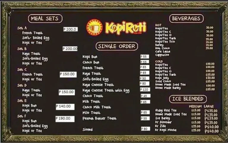 Kopi Roti Menu