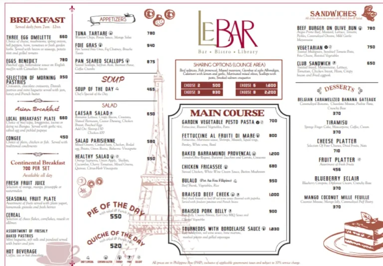 Le Bar Menu