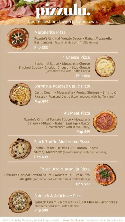 Pizzulu Philippines Menu