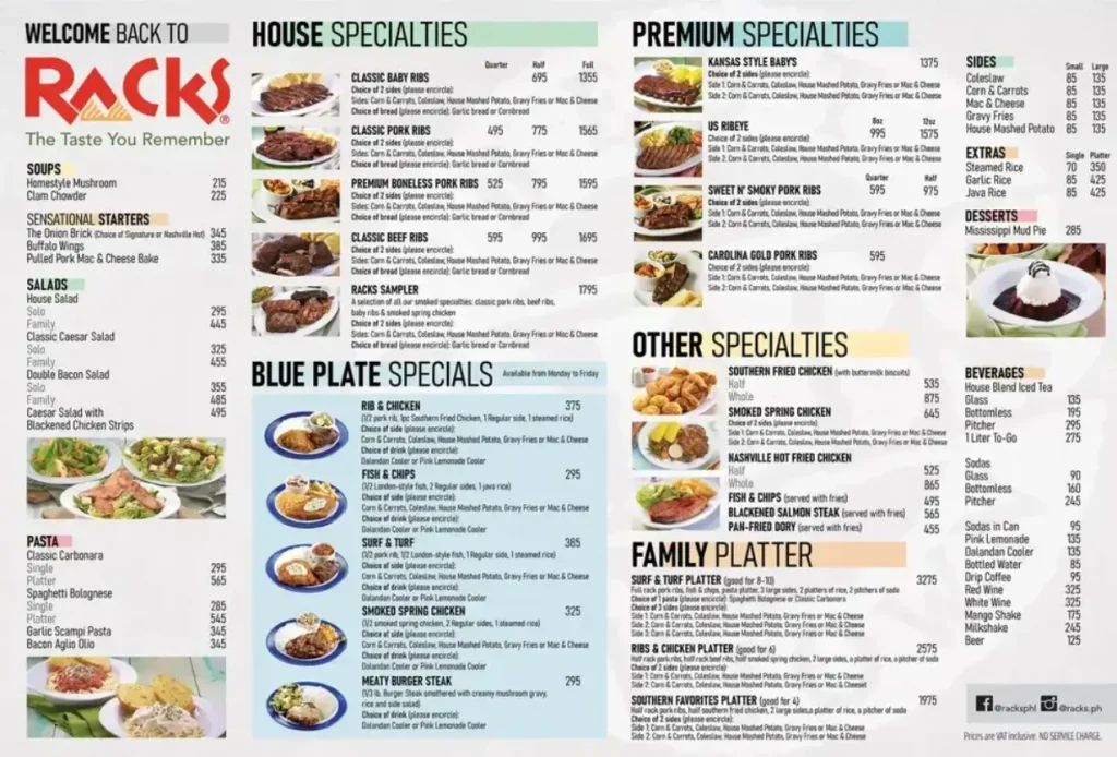 Racks Philippines Menu