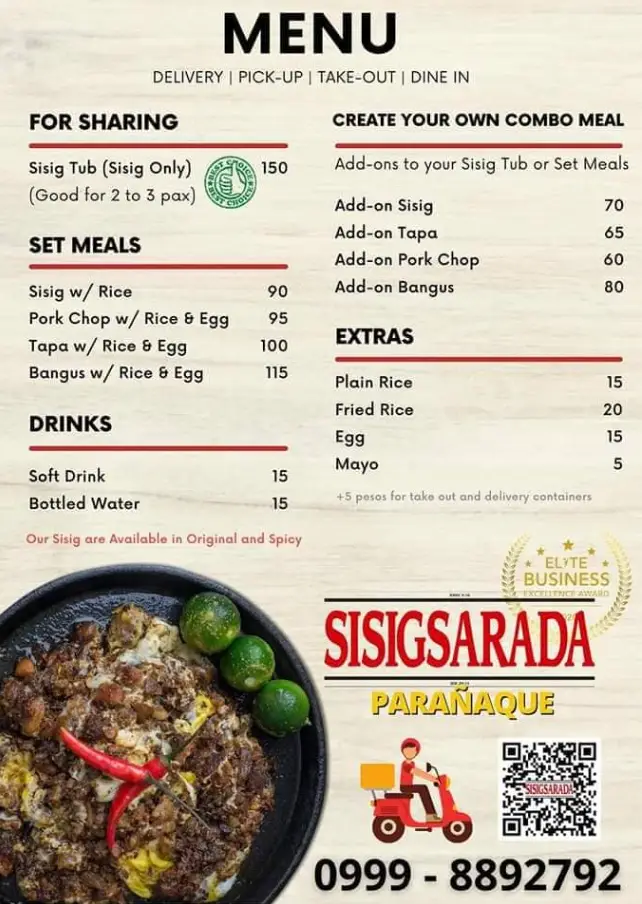 Sisigsarada Philippines Menu