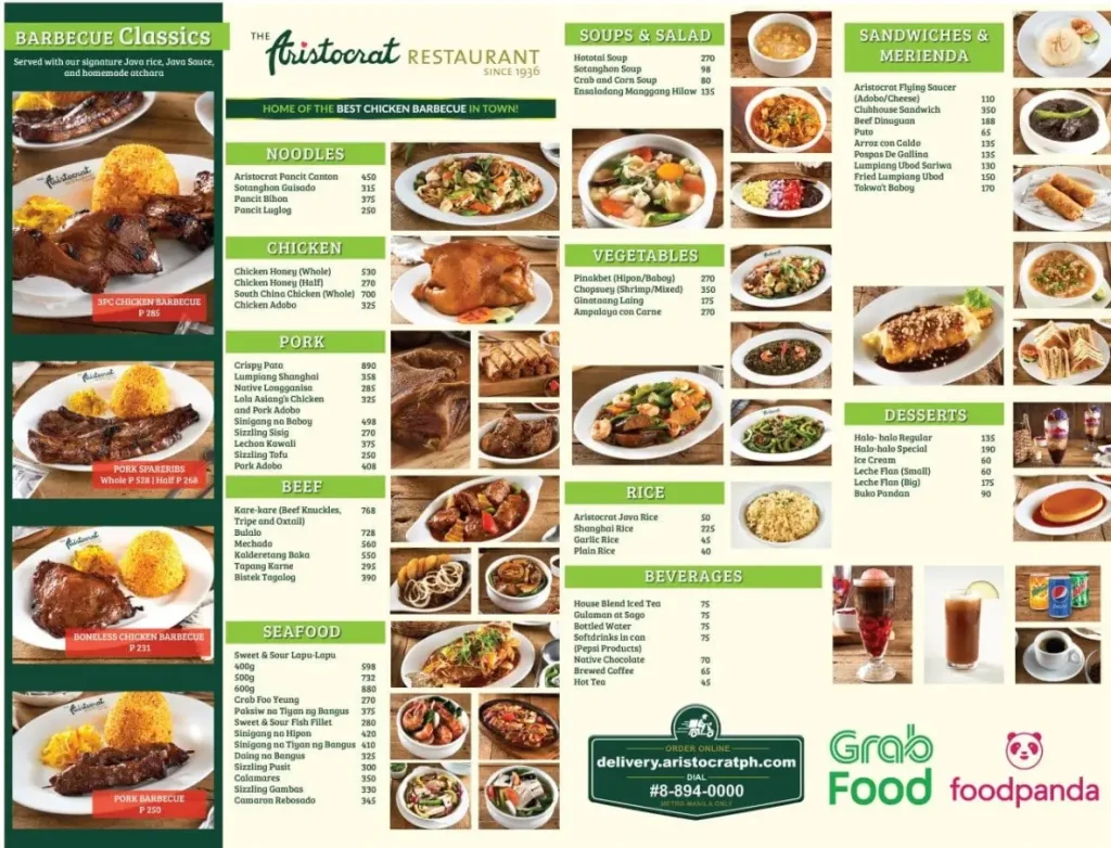 The Aristocart Philippines Menu