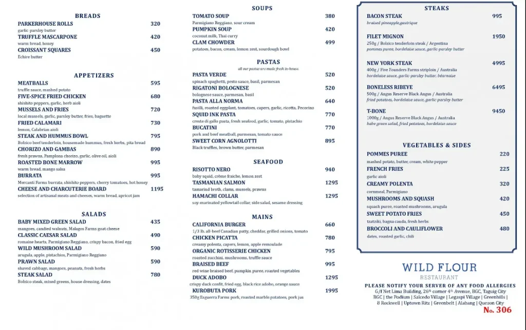 Wildflour Philippines Menu