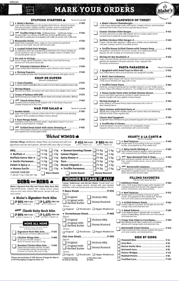 Blake’s Wings & Steak Menu