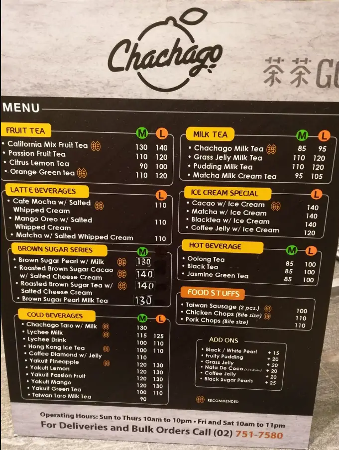 Chachago Philippines Menu