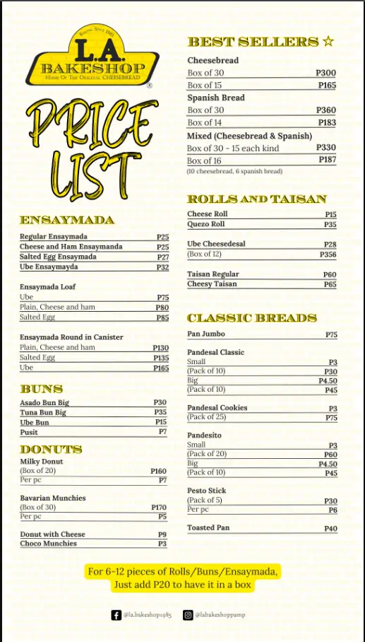 LA Bakeshop Philippines Menu