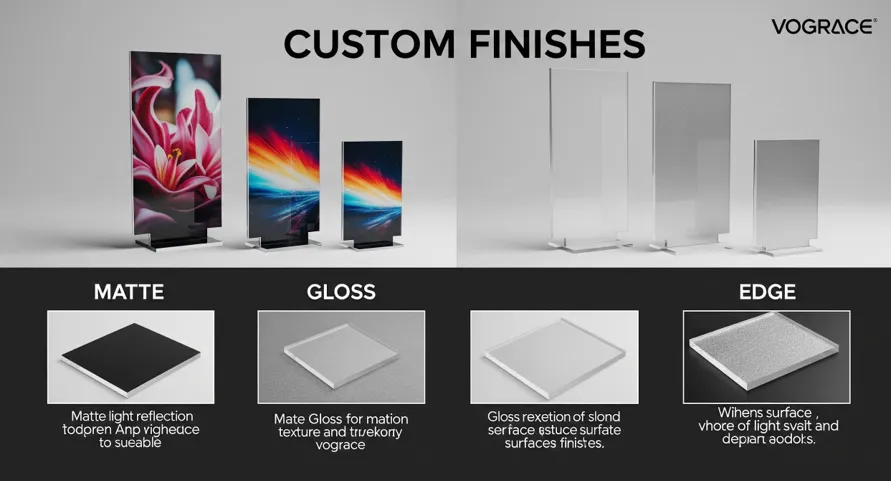 Custom Finishes Explained: Matte, Gloss, and Edge Options for Acrylic Standees Custom Finishes Explained Matte, Gloss, and Edge Options for Acrylic Standees